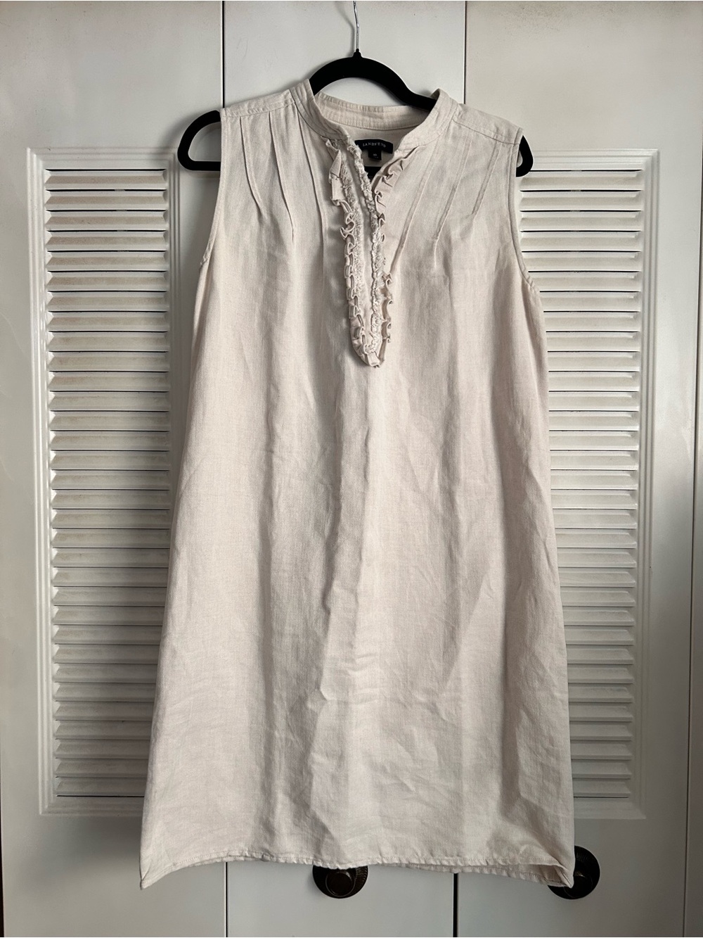 Lands’ End Linen Blend Sleeveless Shift Dress Beige Ruffle Neck Size 10